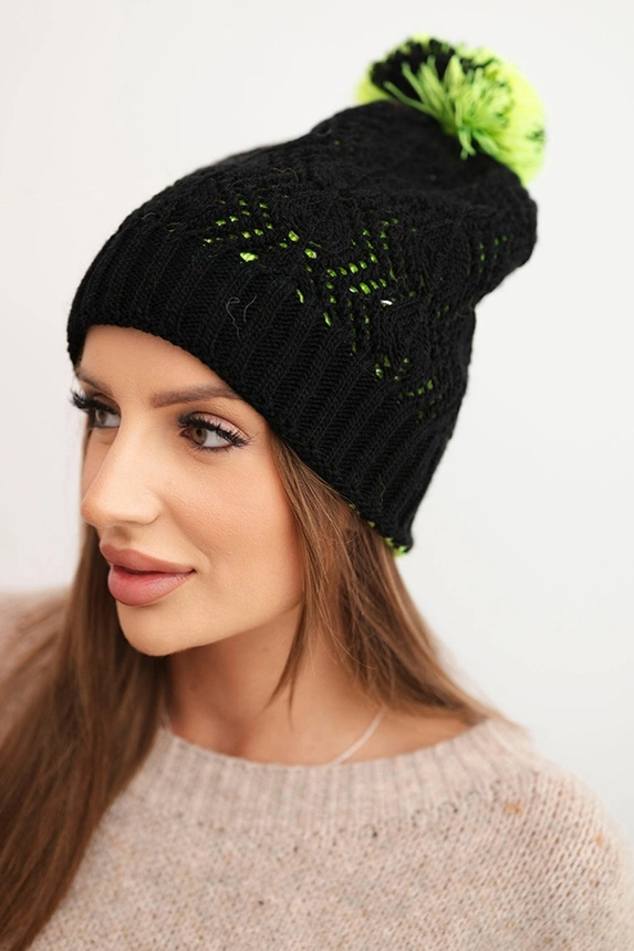 Women's winter hat with decorative knit and pom-pom K467 black