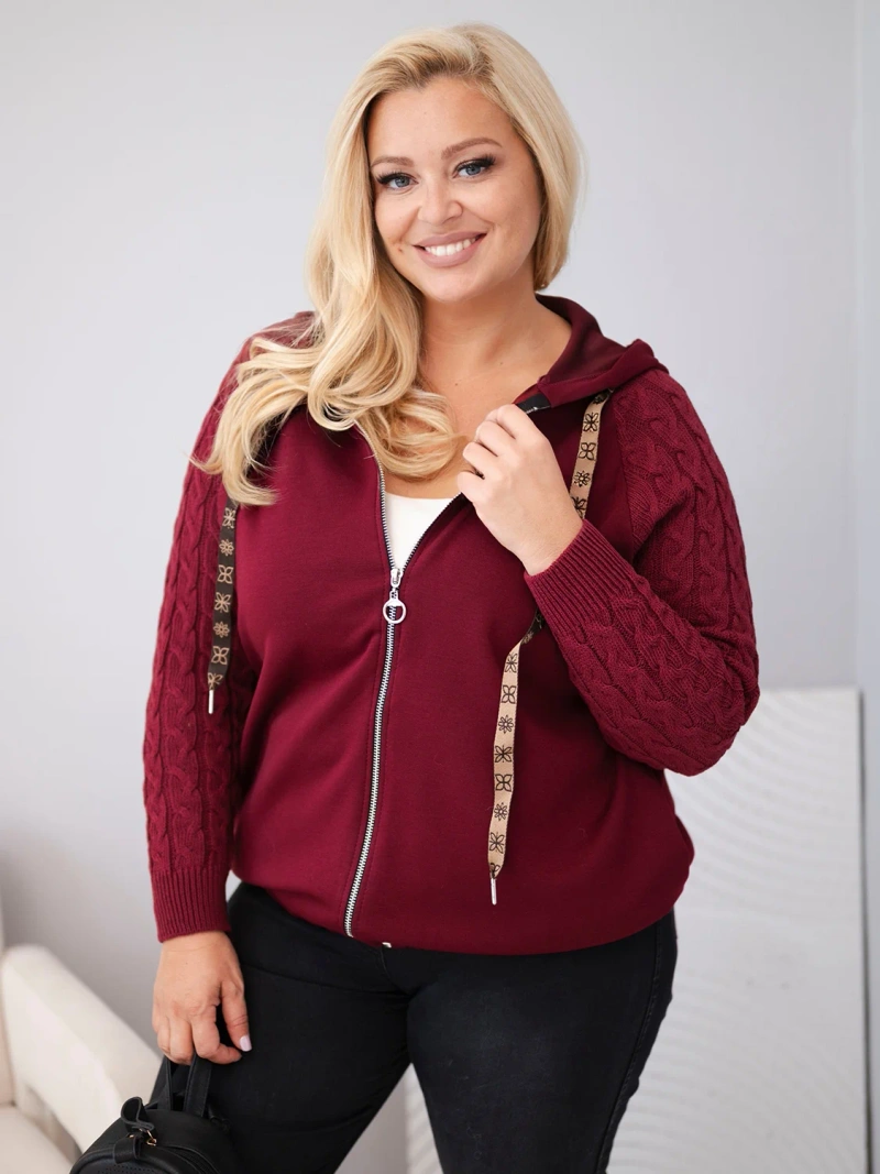 Moteriškas medvilninis Plus Size džemperis su mezginėmis rankovėmis ir kapišonu raudona