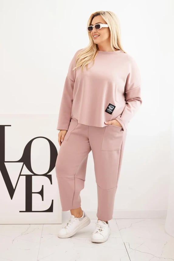 Damen Komplett Plus Size Butter Sweatshirt und Hose mit Taschen dunkelrosa
