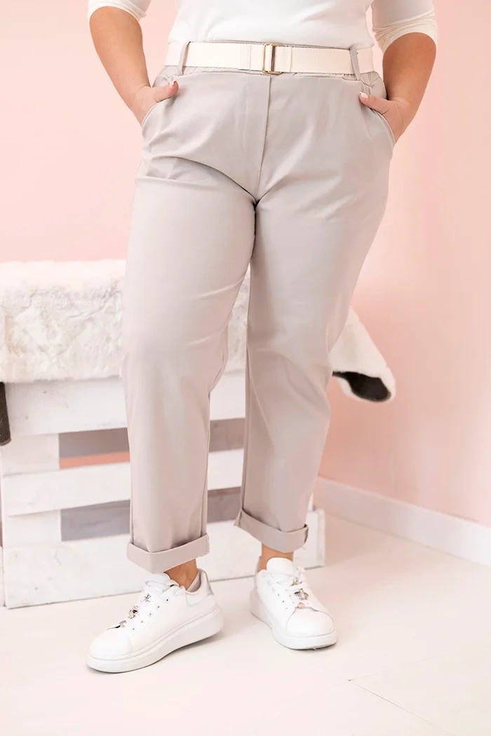 Damen Baumwollhose in Plus Size mit Gürtel Dunkelbeige