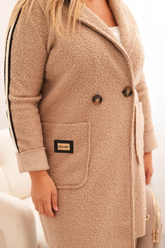 Plus Size women's coat made of faux sheepskin with pockets dark beige