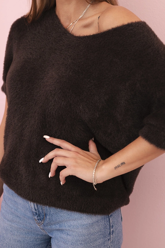 Damenpullover aus weichem Flaum mit V-Ausschnitt kurzarm braun