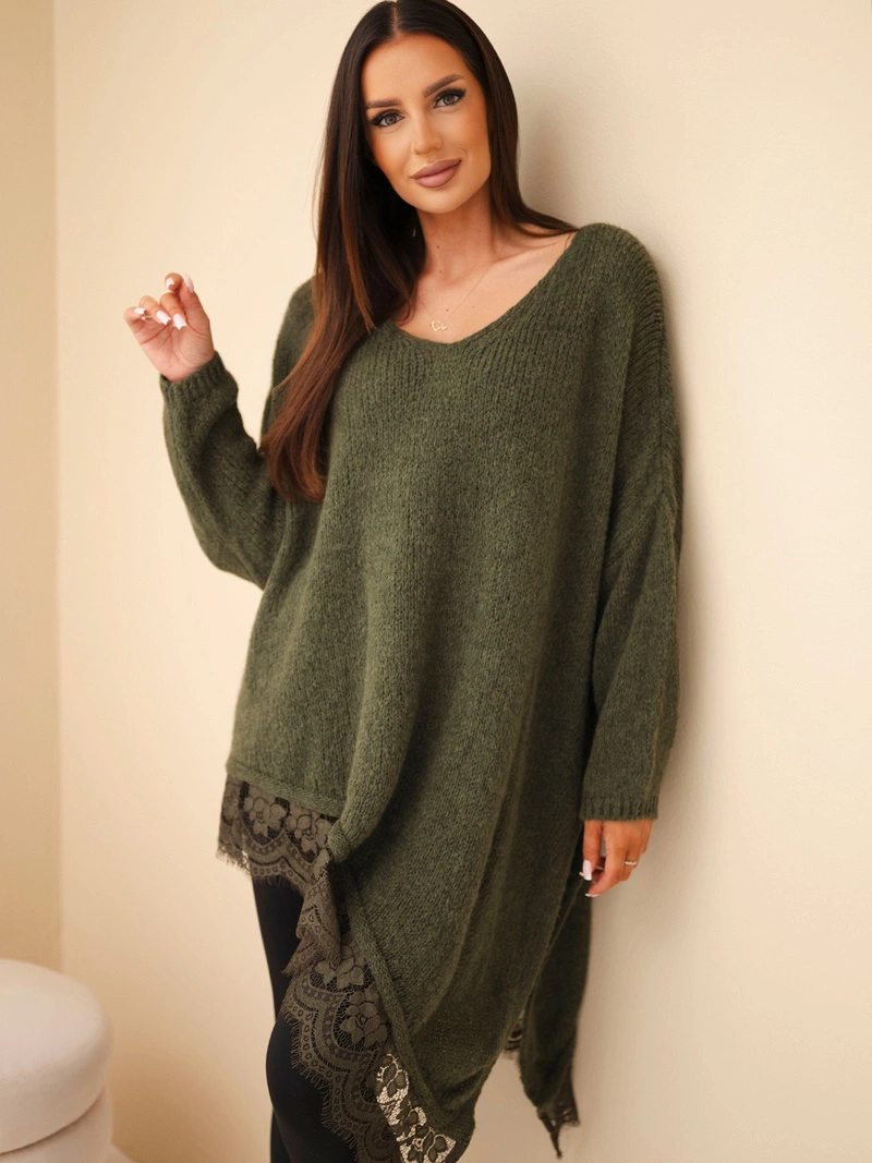 A sweater women's with wool blend asymmetric with lace khaki