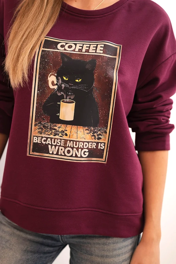 Women's cotton sweatshirt with a cat print and text plum