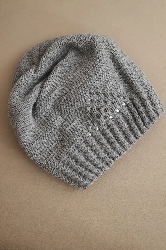 Women's winter wool hat with decorative weave and studs K449 gray