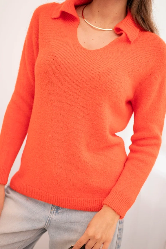 Women's sweater made of baby alpaca with a collar and V-neck orange