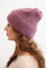 Women's winter fluffy hat with decorative button dark pink