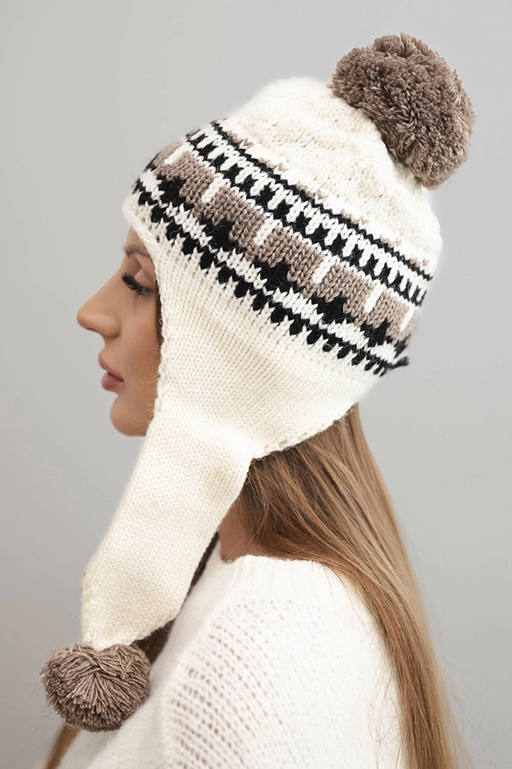 Women's winter wool hat with ear flaps and pompons K436 ecru