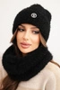Women's set hat and winter fluffy scarf with decorative emblem black