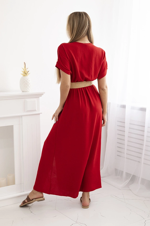 Langes Kleid mit Ziergürtel weinrot