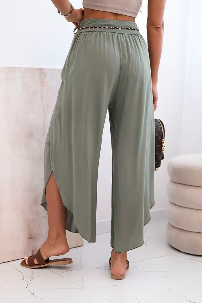 Women's viscose trousers with leg slit khaki