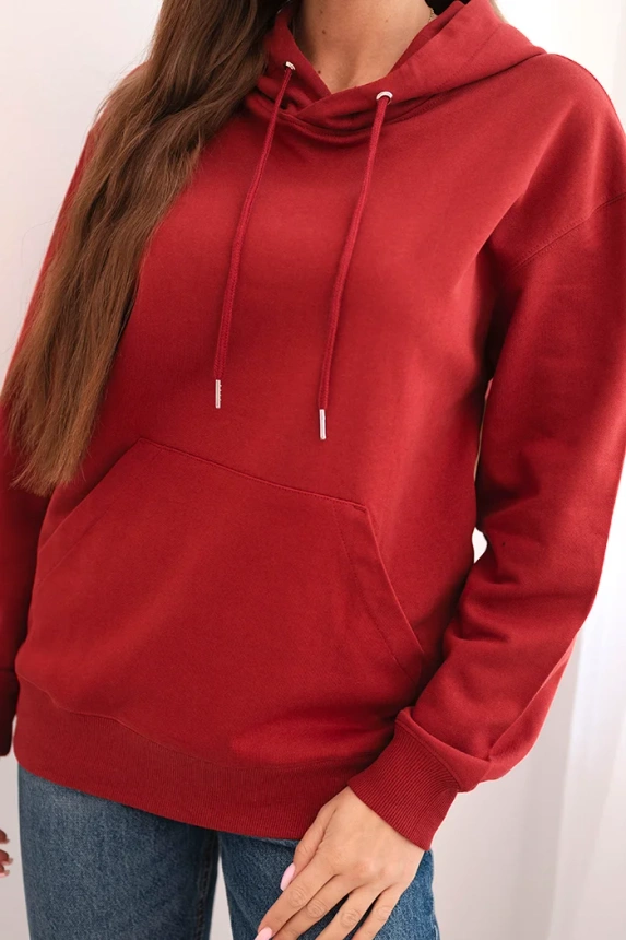 Women's cotton looped sweatshirt with a hood and kangaroo pocket burgundy