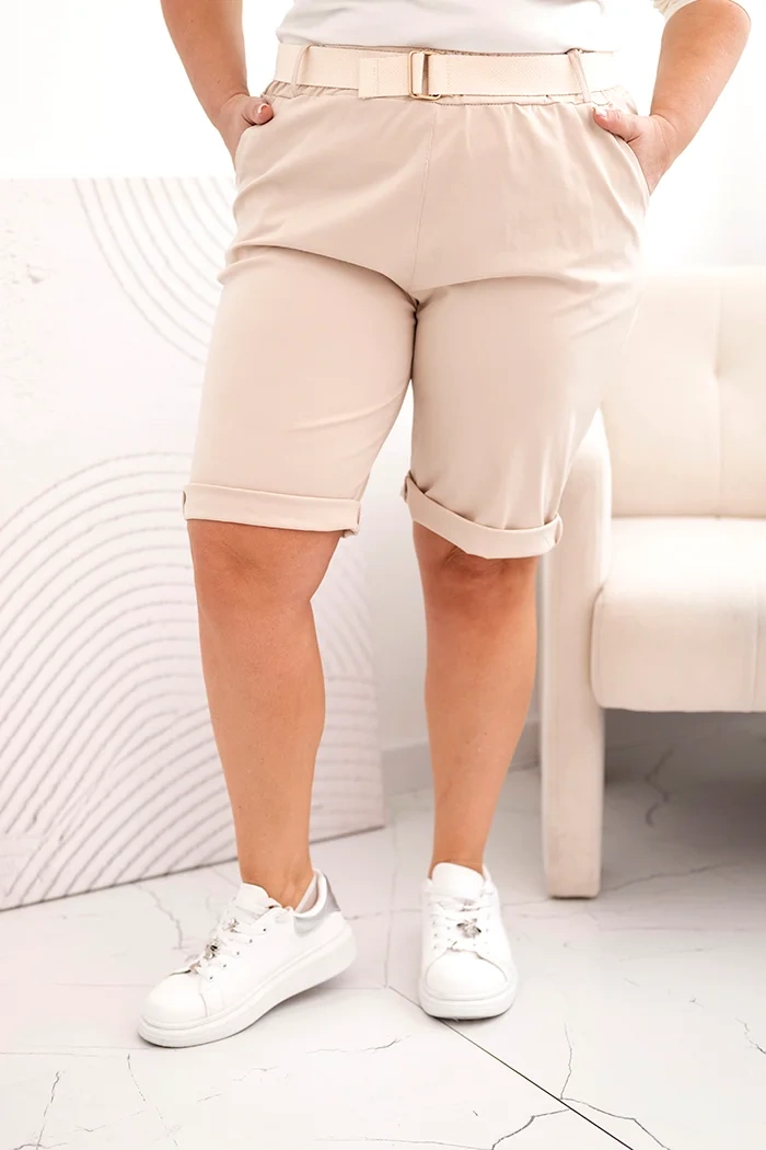 Spodenki damskie bawełniane Plus Size z paskiem jasno beżowe zdjęcie 2