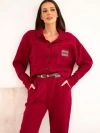 Damenanzug aus samtigem Viskose mit Jacke und Hose mit Gürtel bordowy