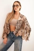 Camel suede women's jacket with fringe in leopard print
