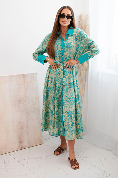 Women's cotton shirt dress with a tie at the waist turquoise