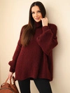 Sweter damski oversize z dodatkiem wełny z golfem i szerokimi rękawami bordowy