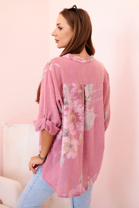 Women's cotton blouse with a floral pattern and dark pink buttons