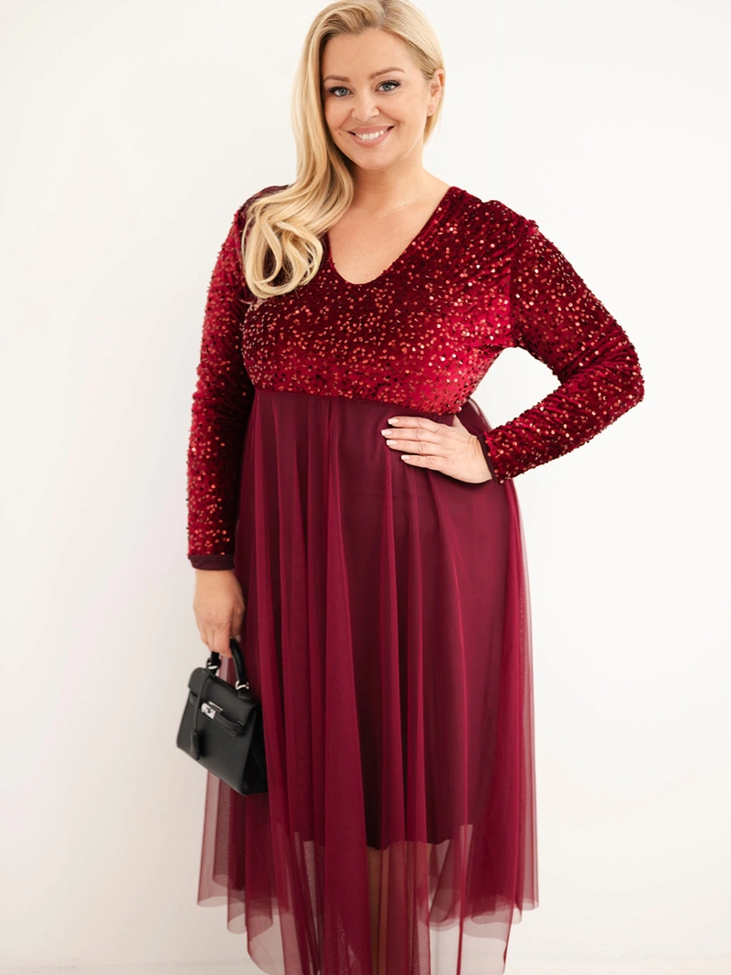 Damenkleid Plus Size mit Pailletten mit Viskoseanteil pflaume