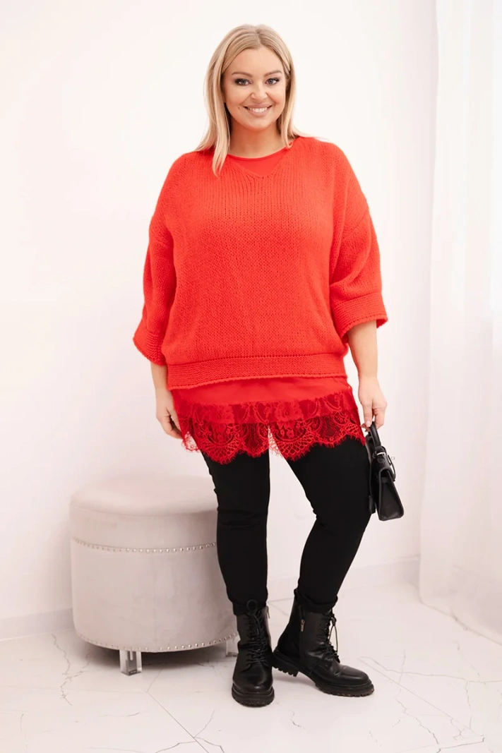 Damen Set V-Ausschnitt Pullover und Viskosebluse mit Spitzenboden rot