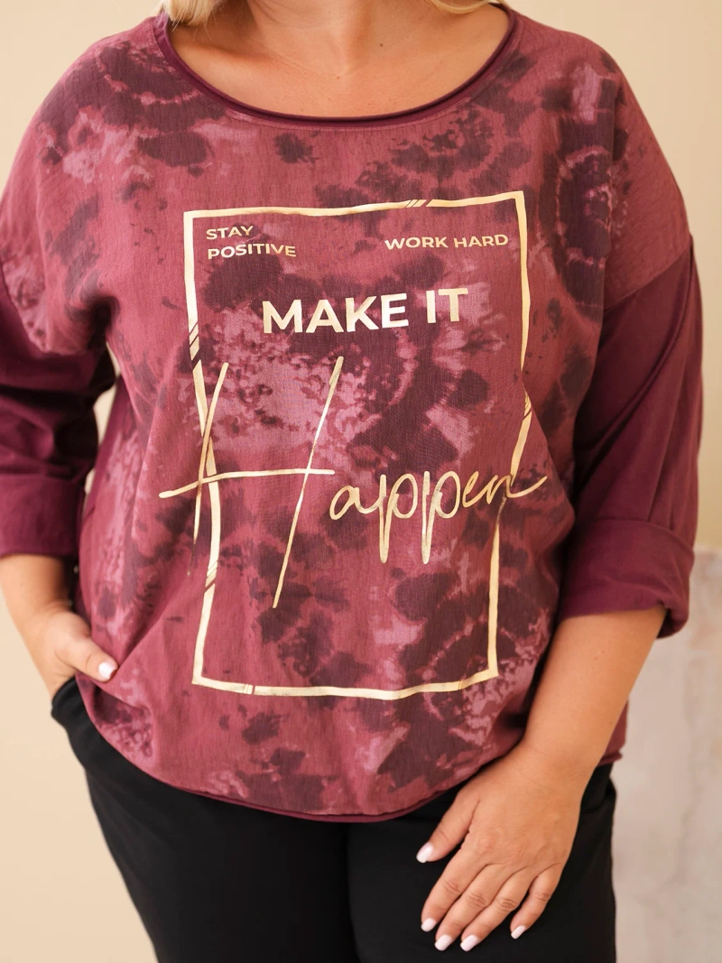 Plus Size women's cotton blouse with print and U-neck plum