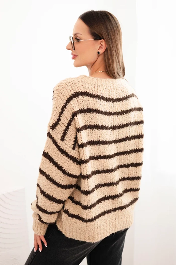 Women's loose-fitting striped sweater with wool dark beige
