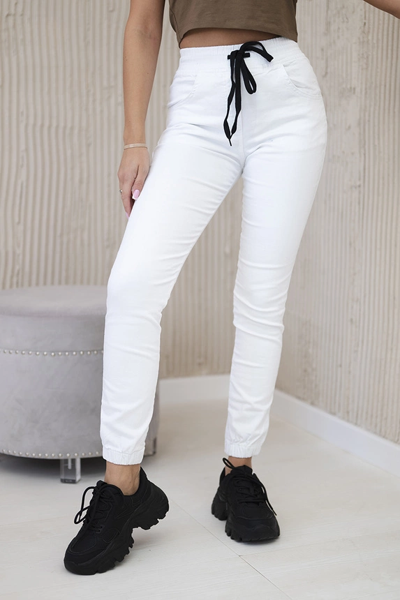 Denim trousers with a drawstring white