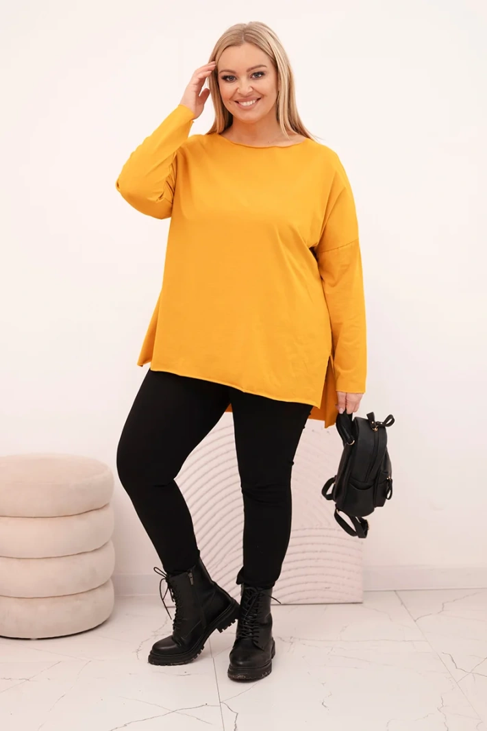 Dámska blúzka Plus Size asymetrická s dlhým rukávom horčicová