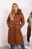 Quilted winter jacket with a hood camel