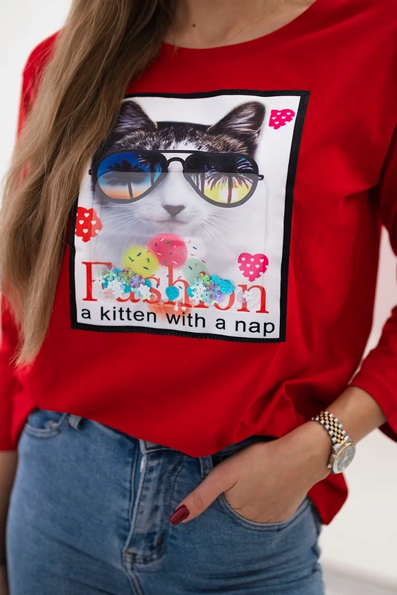 Bluse mit 3D Katzengrafik rot