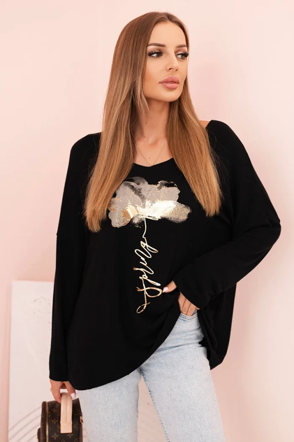 Dámská blůza z viskózy s dlouhým rukávem a zlatým květinovým potiskem černá