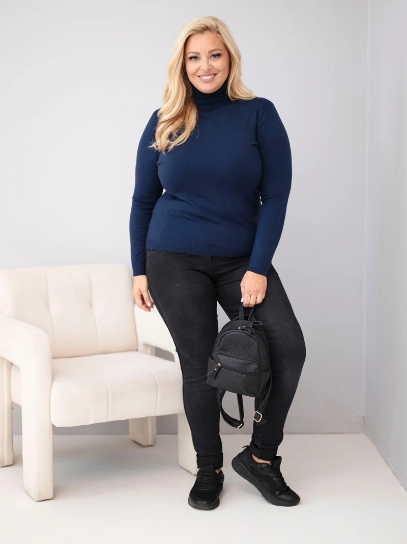 Moteriškas viskozės megztinis Plus Size su aukštu kaklu klasikinio kirpimo mėlynas