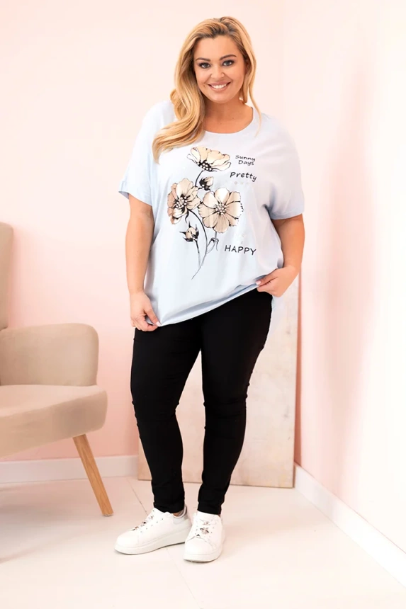 Dámská blůza Plus Size z viskózy s květinovým potiskem a nápisem modrá