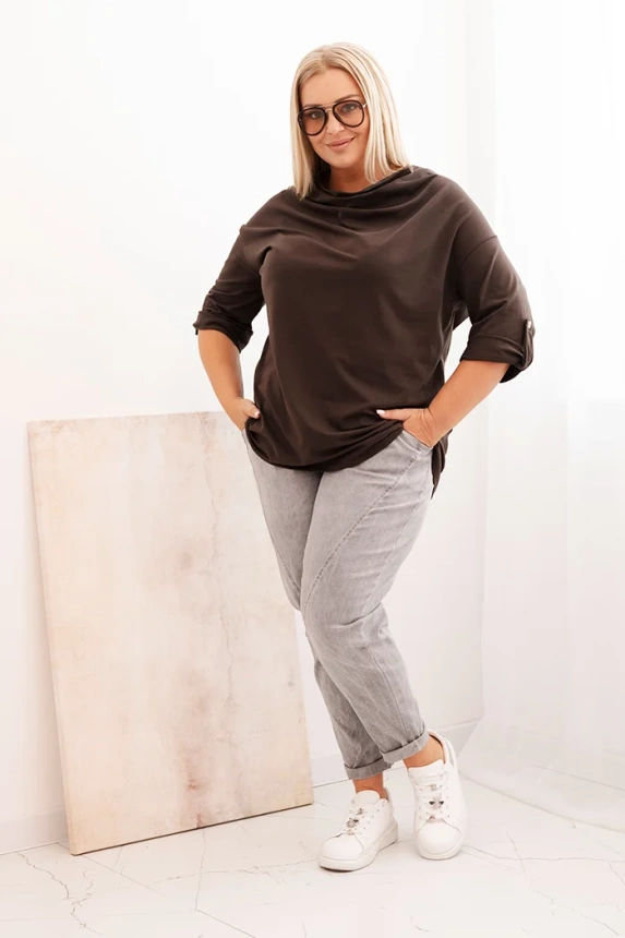 Dámská blůza Plus Size z bavlny volného střihu s vodním výstřihem hnědá
