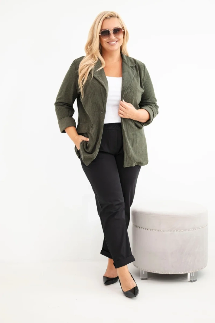 Dámské sako Plus Size manšestrové s klopami a kapsami khaki