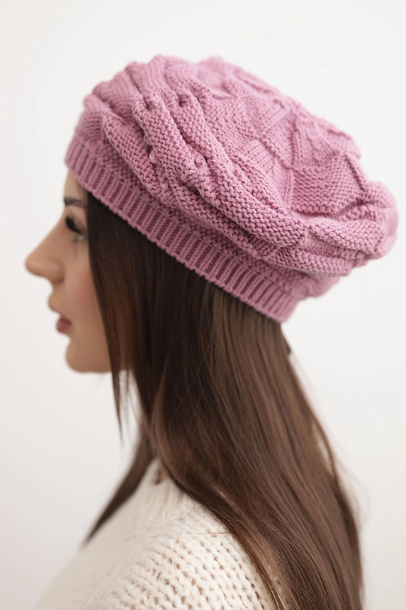 Women's winter hat with decorative braid and crystals K398 purple