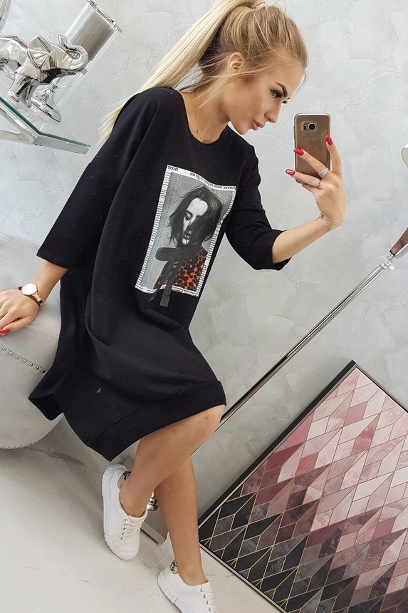 Dress with print and flared bottom black