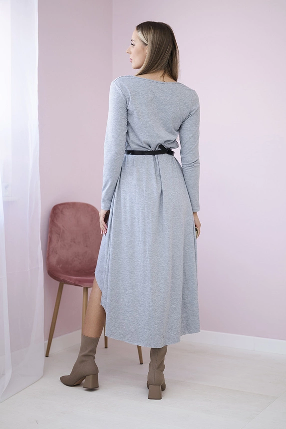 Dress with a decorative belt and an inscription grey