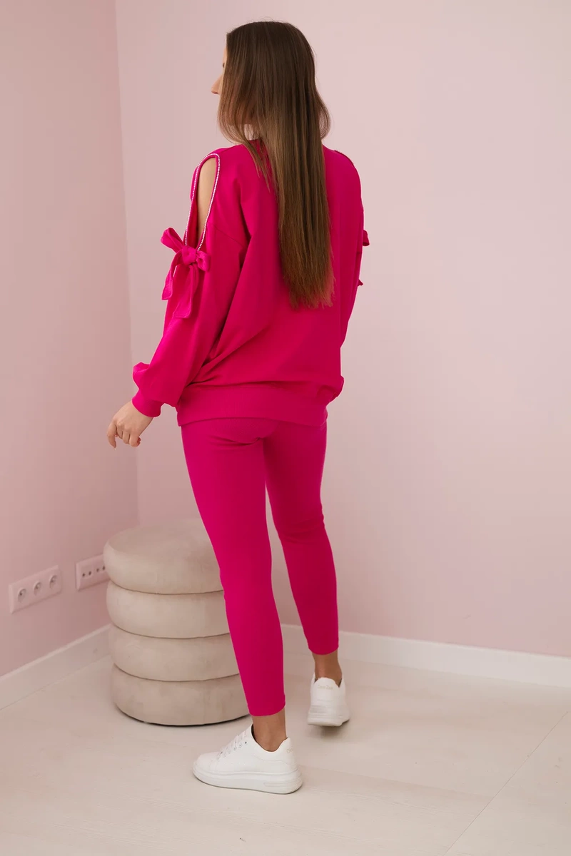 Komplet bluzy z kokardą na rękawach i legginsów fuksja zdjęcie 3