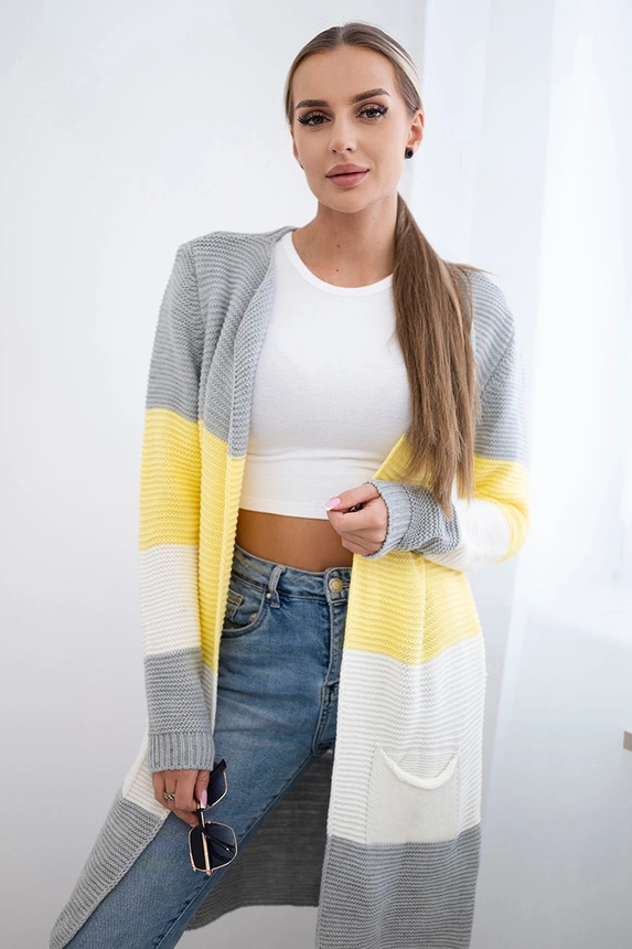 Grau+gelb gestreifter Cardigan-Pullover