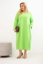 Moteriška Plus Size medvilninė suknelė su ilgomis rankovėmis ir susiraukšlėjimu juosmenyje šviesiai žalia