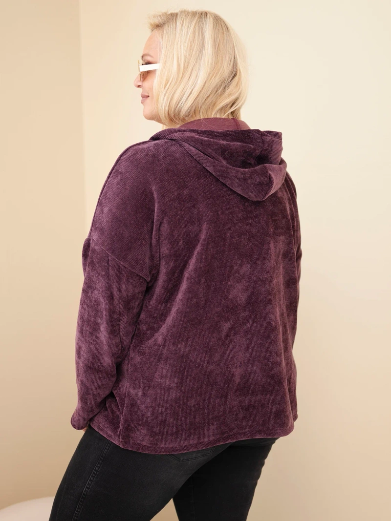 Dámska mikina Plus Size manšestrová s kapucňou a zipsom oversize tmavofialová