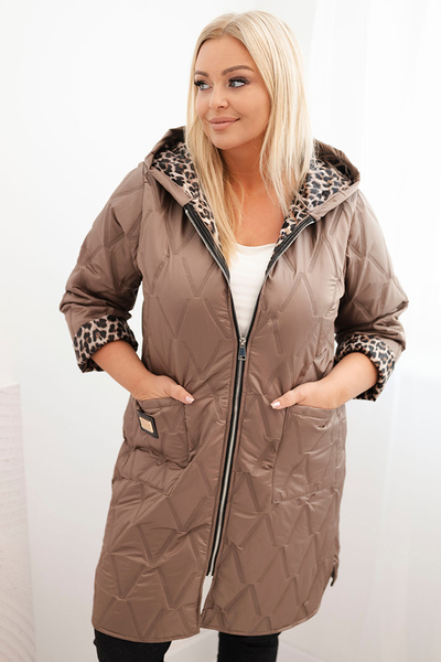 Moteriška pamušalu su kapuce ir leopardų raštu Plus Size striukė fango