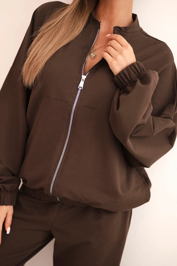 Women's cotton set with wide leg pants and zip-up hoodie brown