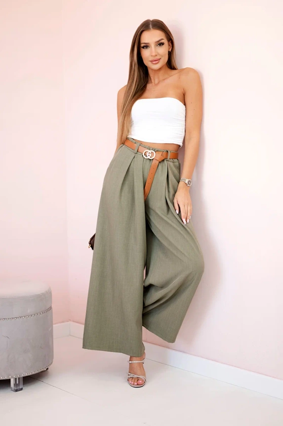 Wide-leg belted trousers light khaki