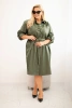 Moteriška suknelė iš eko-odos Plus Size su diržu ir apykakle khaki