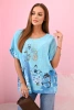 Women's cotton shirt with butterflies and flowers turquoise