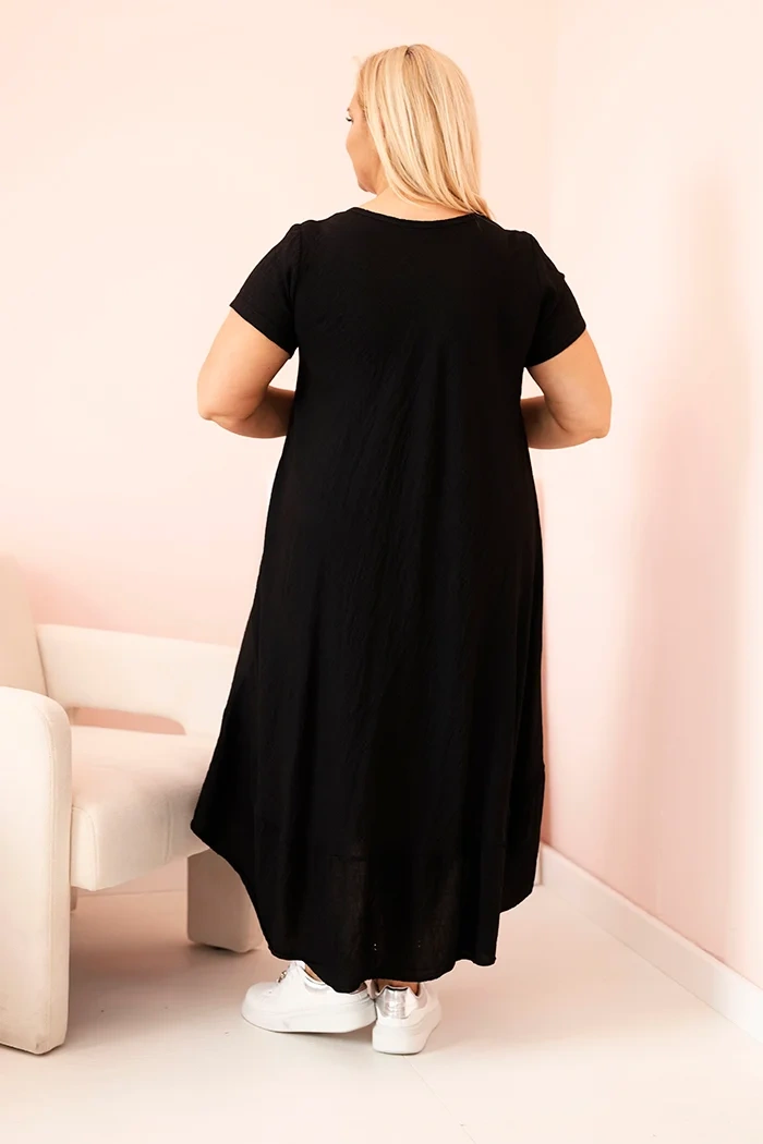 Damenkleid in Übergröße mit kurzen Ärmeln und Rüsche aus leichter Viskose schwarz