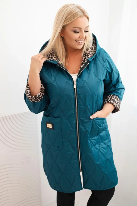 Damen Winterjacke gesteppt Plus Size mit Futter im Leopardenmuster und Kapuze türkis