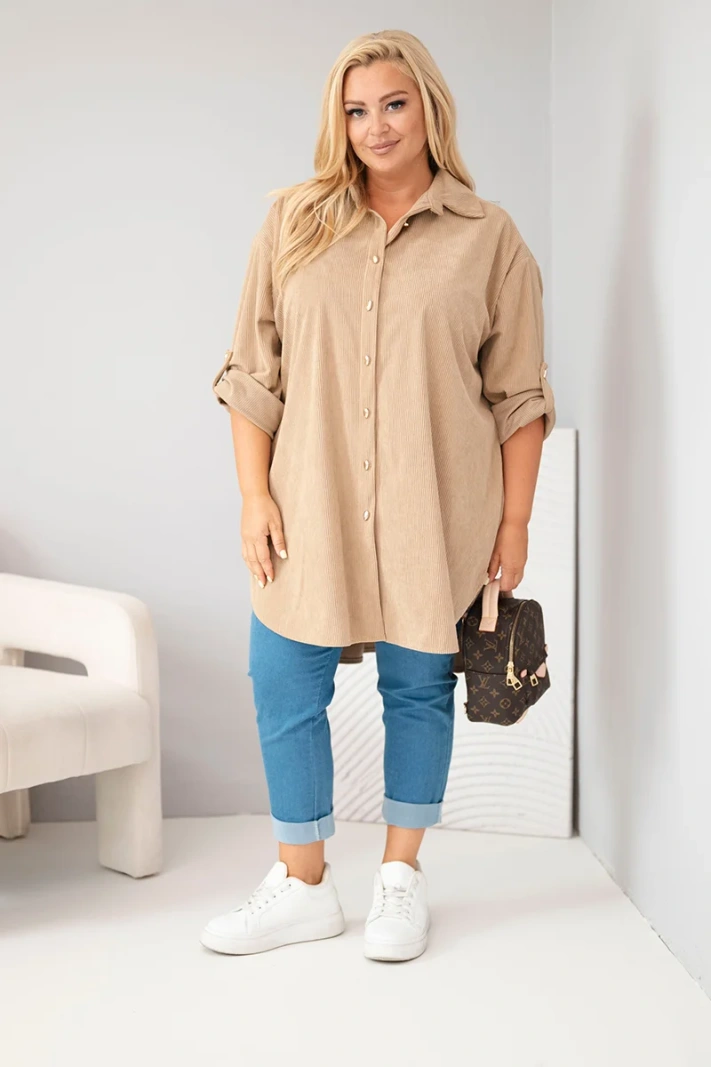 Plus Size women's viscose corduroy shirt with roll-up sleeves camel